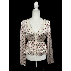 Free People White Red Rose Polka Dot Lace Trim Peplum Blouse Top Women's M